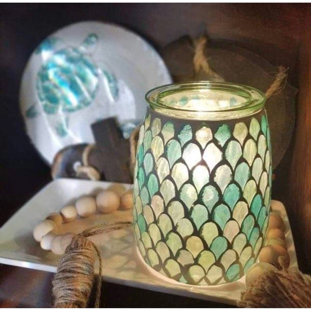 Scentsy Mermaid Glass Wax Warmer Full Size Mosaic Teal Green Iridescent with Box